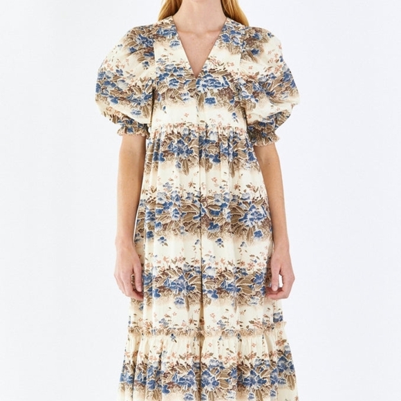 Hunter Bell Palmer Puffed Sleeve Misty Morning Midi Dress Size Small - Picture 9 of 10